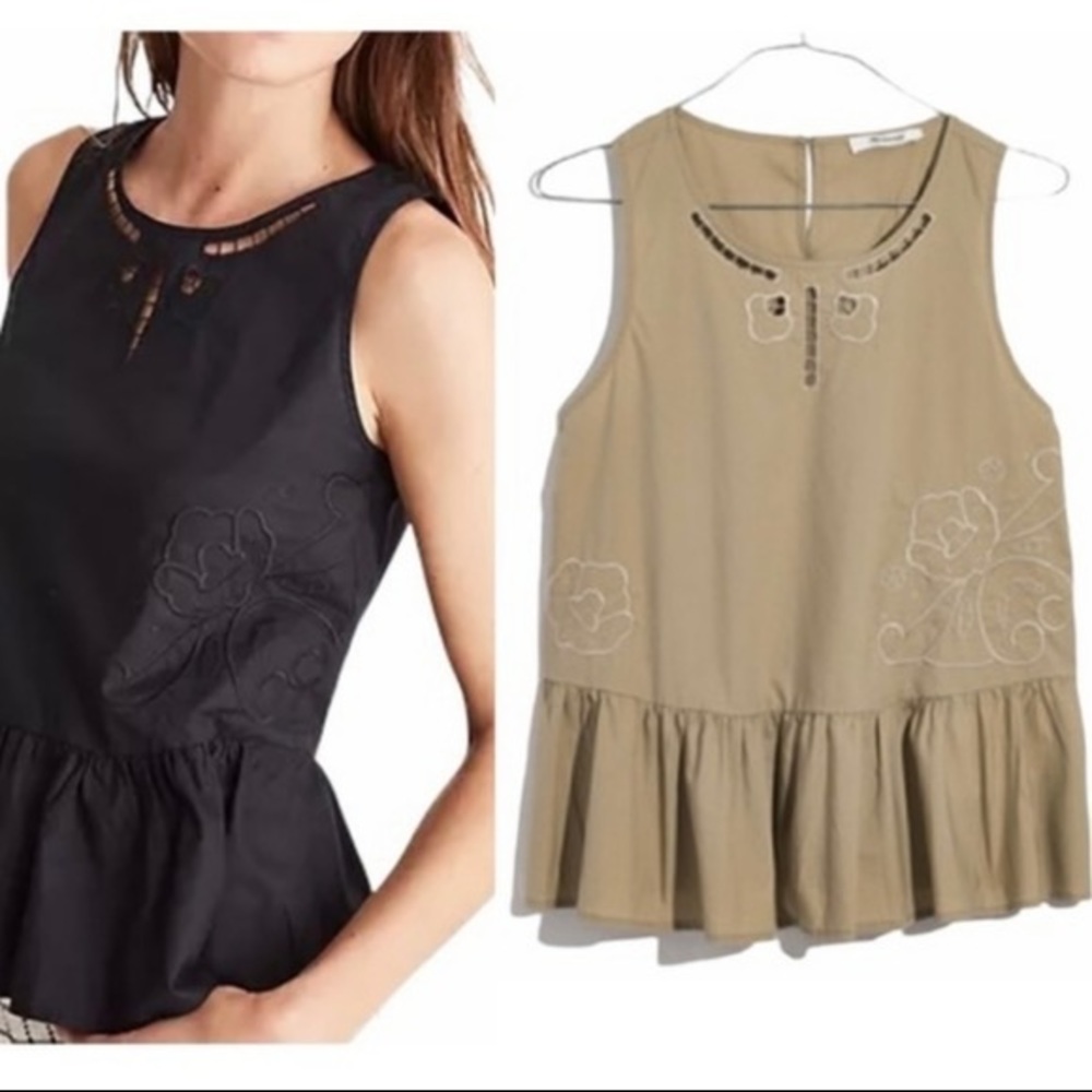 Madewell Women's Embroidered Peplum Tank Top Olive Green